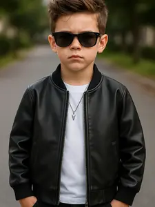 Boys' Cool New Fashionable Casual Leather Jacket Windproof Top Long Sleeve Stylish Outerwear