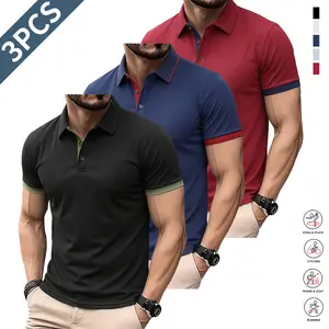 Men’s 3-piece set of collared shirts — soft and breathable, comfortable short sleeves with a casual fit; classic collared shirt suitable for work, golf, travel, and everyday wear,summervibes