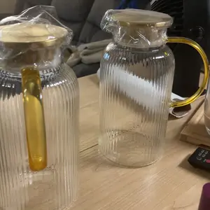 2 PACK Glass Pitcher with Lid, 68 oz/ 2 Liter Classic Vertical Stripes Water Pitcher with Handle,Glass Water Carafe for Cold Brew, Coffee, Lemonade, Iced Sun Tea,Beverage,Heat Resistant