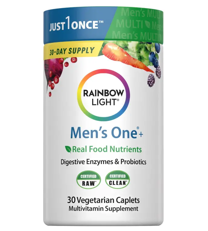 Rainbow Light Mens Multivitamin One + | 30 Caplets | Real Food Nutrients, Digestive Enzymes & Probiotics