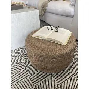 Homes Pouf Ottoman - 100% Natural Jute Braided Footrest Pouf Hand Knitted - Traditional Cord Boho Pouffe for Living Room Bedroom Nursery Patio Lounge (20" x 20" x 10")