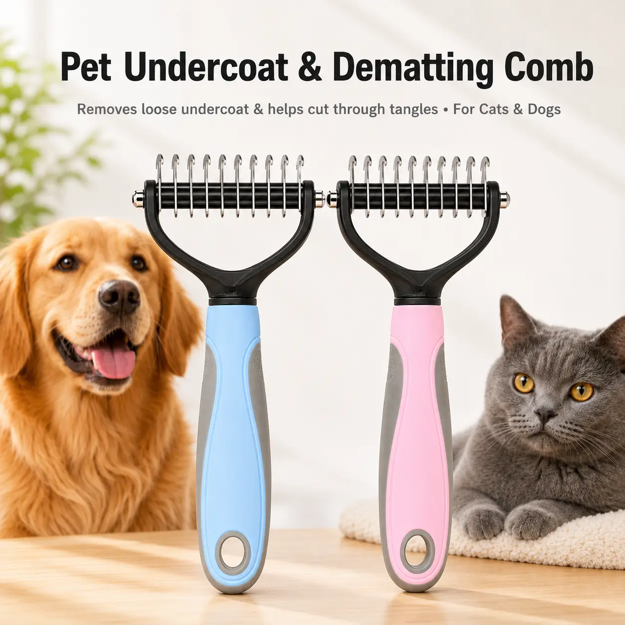 Pet Undercoat & Dematting Comb for Dogs and Cats, Large Detangling Grooming Rake with Stainless Steel Blades, Loose Fur Remover for Thick Coats