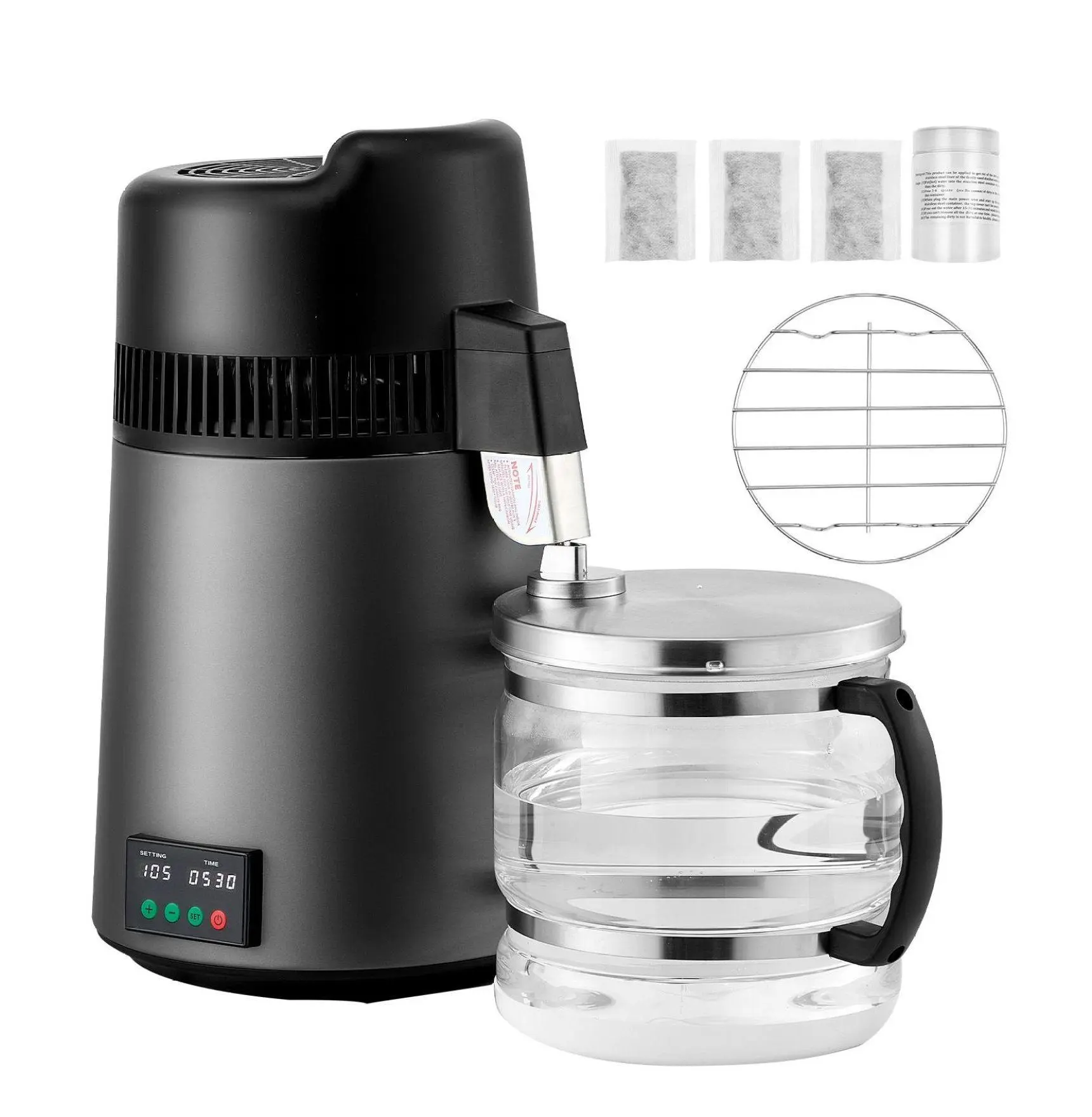Water Distiller 6L/1.6 Gallon - Pure Water Purifier for Home Use, 900W Stainless Steel Distilled Water Maker, Countertop Drinking Water Filter Gray + Black