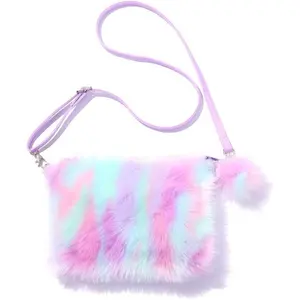 P-CPB015   Women Girls Kids Fluffy Fuzzy Bag Plush Tie Dye Rainbow Crossbody Purse Wallet