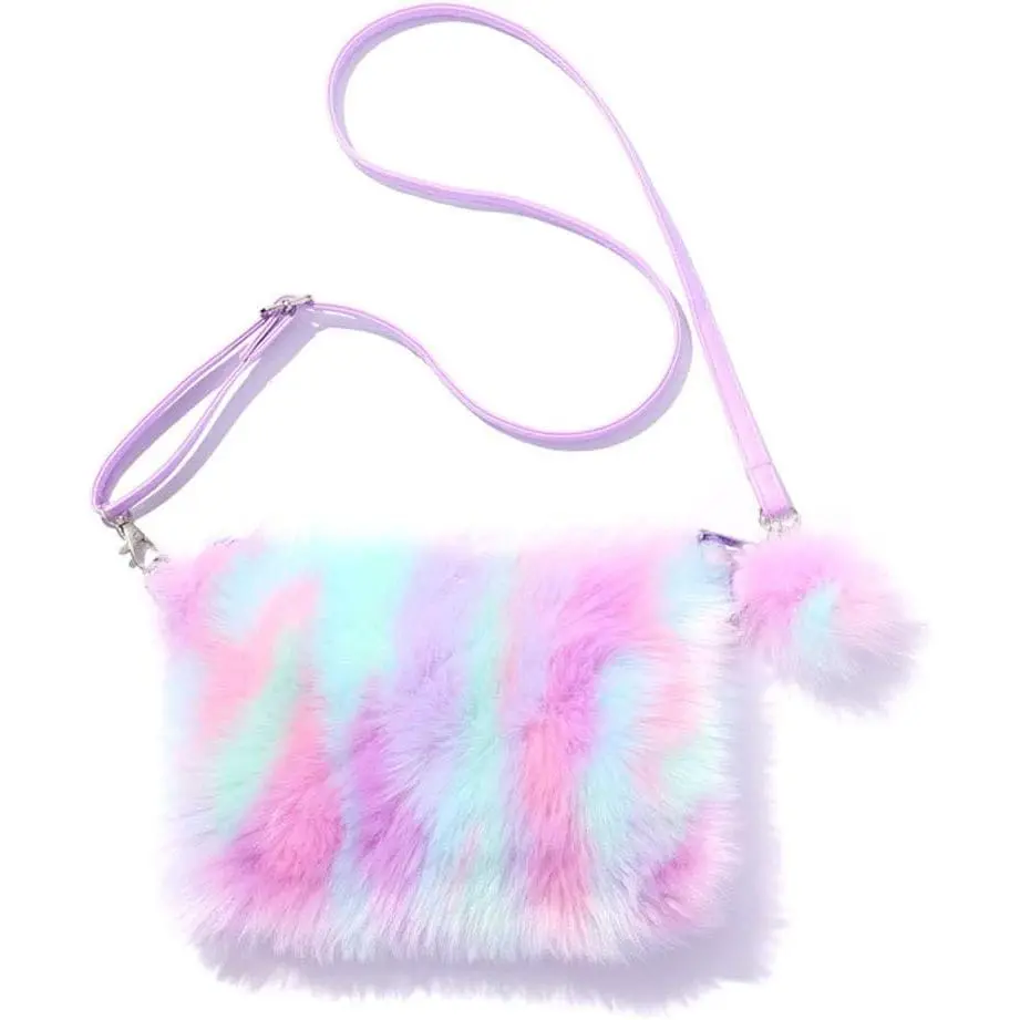 P-CPB015   Women Girls Kids Fluffy Fuzzy Bag Plush Tie Dye Rainbow Crossbody Purse Wallet