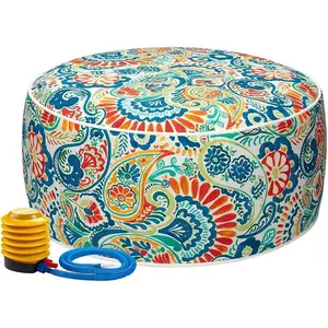 Inflatable Stool Ottoman Pouf D20 xH9, Round Footrest Footstool with Foot Pump, for Travel Camping - Paisley Multi