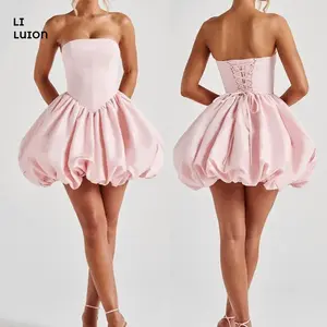 Strapless Satin Dresses For Women  Puffy Short Prom Dress With Bow A-line Mini Cocktail Party Gown
