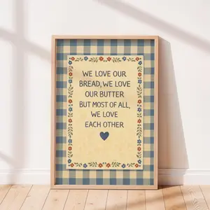 Farmhouse Kitchen Print, We Love Our Bread Quote, Blue Gingham Decor