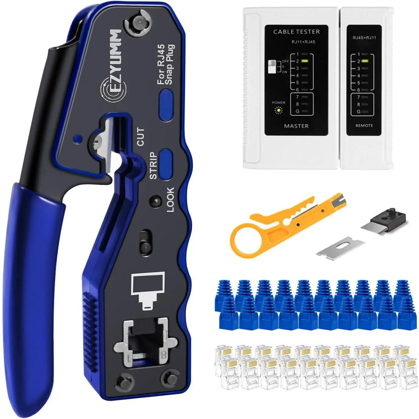 Crimp Tool Kit, Pass Through Ethernet Crimper, Professional Ethernet Crimping Tool Kit, RJ45 Crimp Tool and Tester (9V Battery Not Included)