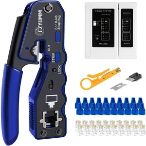 Crimp Tool Kit, Pass Through Ethernet Crimper, Professional Ethernet Crimping Tool Kit, RJ45 Crimp Tool and Tester (9V Battery Not Included)