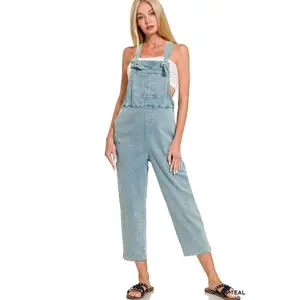 Zenana Washed Knot Strap Relaxed Overalls