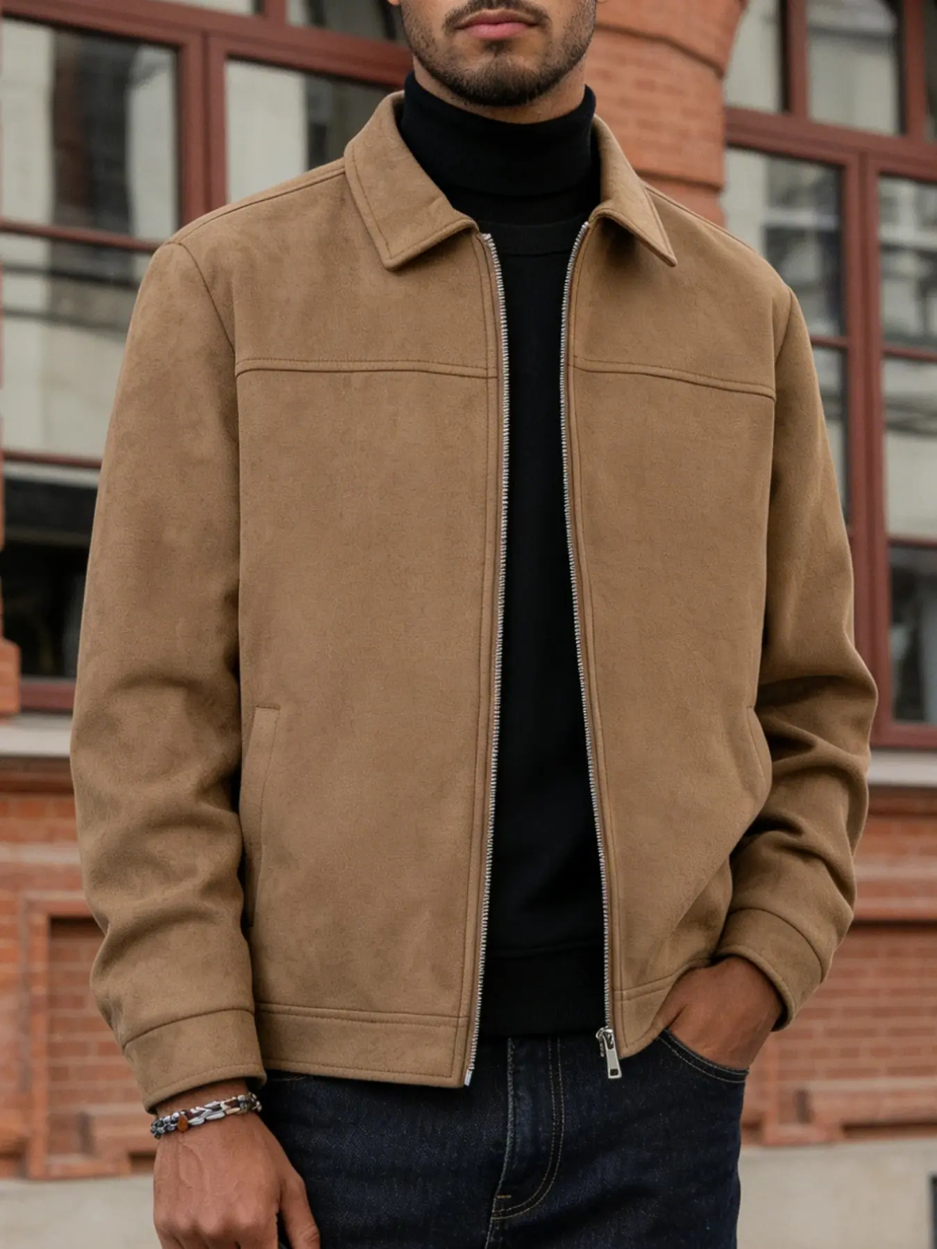 Men's Faux Suede Casual Jacket, Zipper Closure, Collar Design, Lightweight Business Style, Easy Care, Suitable for Daily Life, Work Travel, Coats
