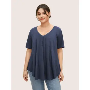 BLOOMCHIC Women's Plus Size Basic Casual Short-Sleeve Spandex Fabric V-Neck Curved Hem T-Shirt [M-6X], Blue, Summer Fit Top for Womenswear, Tshirt