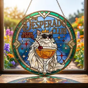 The Desperado Club Cat Window Art, Stained Glass Style Suncatcher, Funny Sunglasses Cat Decor, Cocktail Lover Gift, Colorful Home Accent Ornament