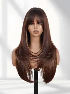 Women's 26 Inch Bangs Long Straight Brown Mixed Highlight Hair Wig, Layered Style, Synthetic Heat Resistant Material, Daily Party Use, Synthetic Wigs