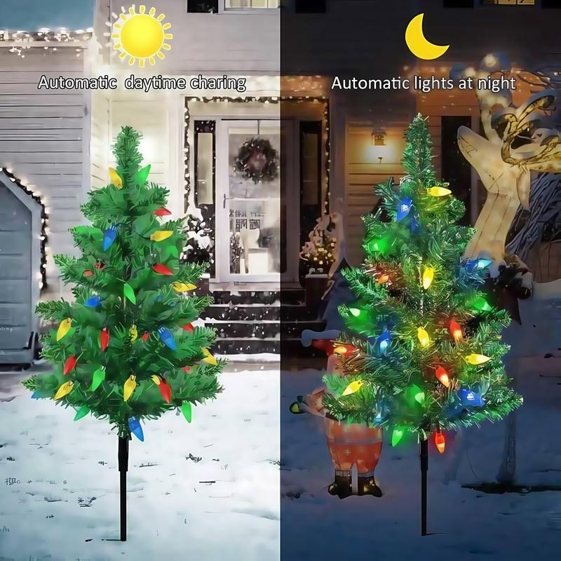 Product Introduction of 1 Tow 4 Solar Christmas Tree Lights. Includes 80 colorful strawberry bulbs, IPX4 waterproof, suitable for outdoor patio garden decorations for festivals, driveways and Christmas parties! 7