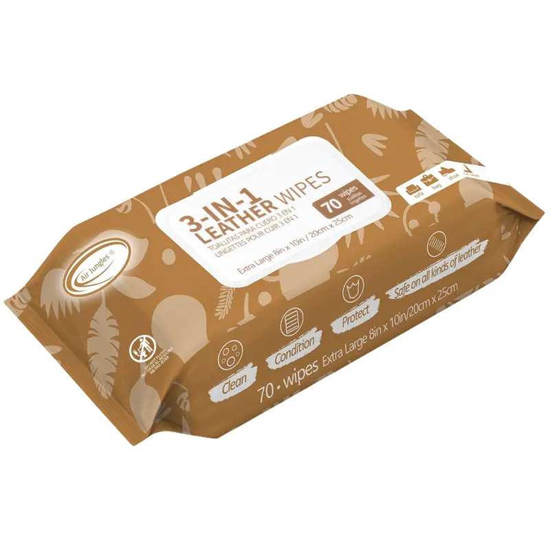 Air Jungles 3in1 Leather Wipes 70 Count, Extra Large 8" x 10" Size, Clean Condition Protect Wipes for Vinyl and Leather Apparel Furniture Auto Car Interior Shoes Boots Bags