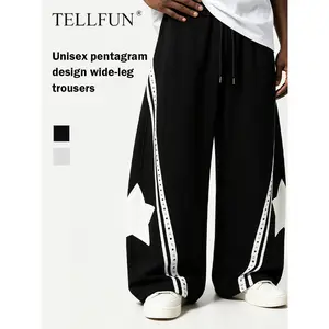 TELLFUN Men's Baggy Sweatpants, Y2K High-Waist Panel Barrel Style, Oversized Wide-Leg Fit, Star Patch & Studded Stripe Detail, Unisex Streetwear Outfits Tracksuit Bottoms