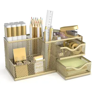 Mesh Desk Organizer, Pen Organizer with 2 Drawers and 5 Compartments, Versatile Pen Holder for Small Space, Desk Organizers and Accessories for School Office Supplies, Gold