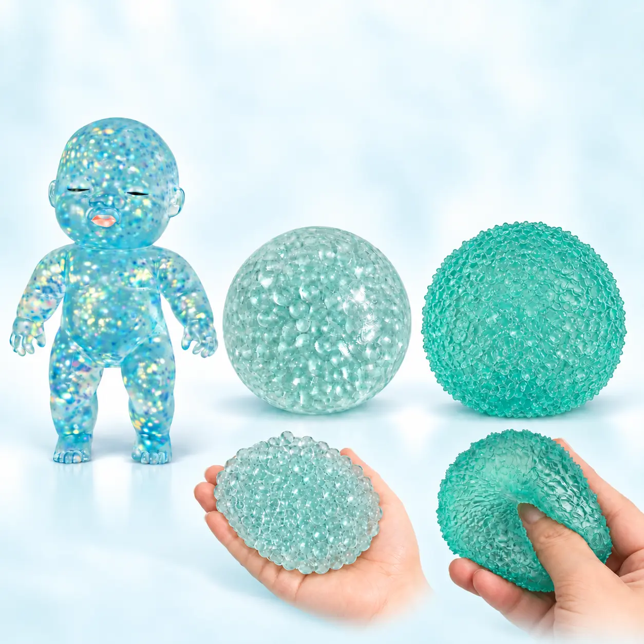 Squishy Fidget Toys, 3-Pack Lake Blue Set with Glitter Baby Doll, Bead and Textured Stress Balls, Soft Squeeze ASMR Sensory Toys for Adults, Home, Office Desk and Travel, Birthday Gift