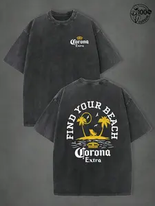1pc Men's Corona Extra T-Shirt Find Your Beach Graphic Print 100% Cotton Heavyweight Oversized Tee Vintage Acid Wash Summer Vacation Beachwear Top