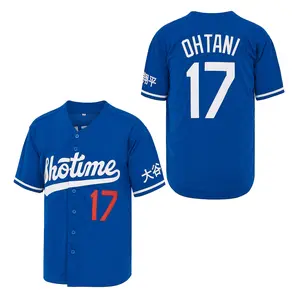 #17 Shotime Baseball Jersey, Red & Blue Embroidered Stitched Uniform, Breathable Mesh Button-Up Shirt for Sports Fans & StreetwearWhite/Blue Colorway with Japanese Lettering, Embroidered Button-Up Uniform for Casual & Sports Wear