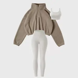 Amoyer New 2026 3-Piece Tracksuit Set for Women, fleece-lined zip jacket + top + high-waist pants, cozy springtime activewear for gym, running, travel（gift）