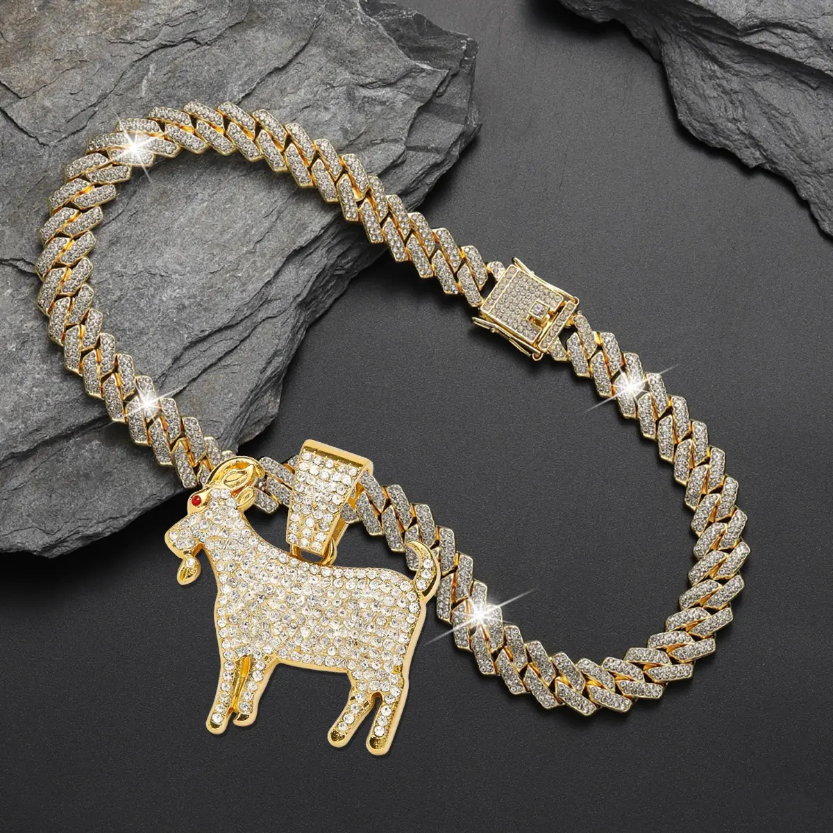 Gold Tone GOAT Pendant Iced Out Miami Cuban Link Chain for Men Luxury Bling Diamond Goat Head Hip Hop Necklace Greatest Of All Time Charm Urban Streetwear Jewelry Mens Iced Out Jewelry Miami Style Fashion Accessories