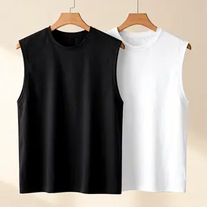 Men's Solid Color Cotton Wide Strap Tank Top Sleeveless Casual Basic Workout Vest Breathable Summer Shirt for Menswear - Operator