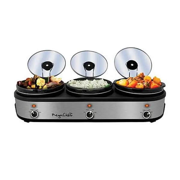 MegaChef Triple 2.5 Quart Slow Cooker and Buffet Server in Brushed Silver and Black Finish with 3 Ce