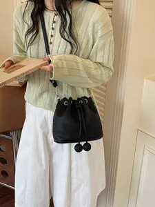 Women's Soft Leather Mini Bucket Bag, Drawstring Crossbody Bag with Ball Decoration, Casual Everyday Small Handbag