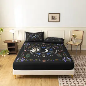 3pcs Celestial Moon Phase Sun Star Fitted Sheet Set, Black Boho Bedding Set, Home Dormitory (1 Fitted Sheet+2 pillowcases,No Pillow)