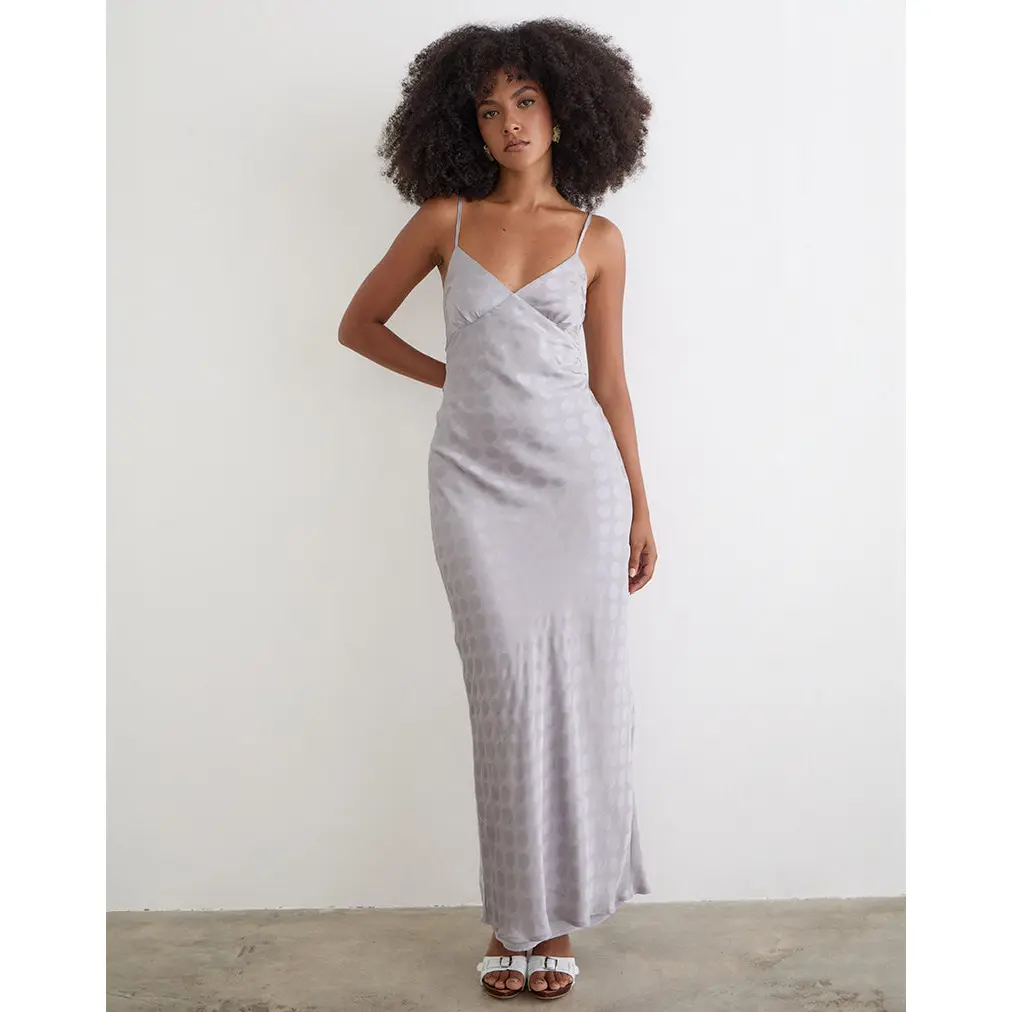 Alenya Maxi Dress in Chiffon Monochrome Silver Grey Polka
