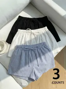 Coastal 3-Pack Shorts Set — Striped & Solid Drawstring Hot Pants, Casual Dailywear & Aesthetic Lounge, Perfect for Daily Chic | Viral TikTok Trend, 2026 Style Essential, Soft Breathable Fabric, Stunning Effortless Look