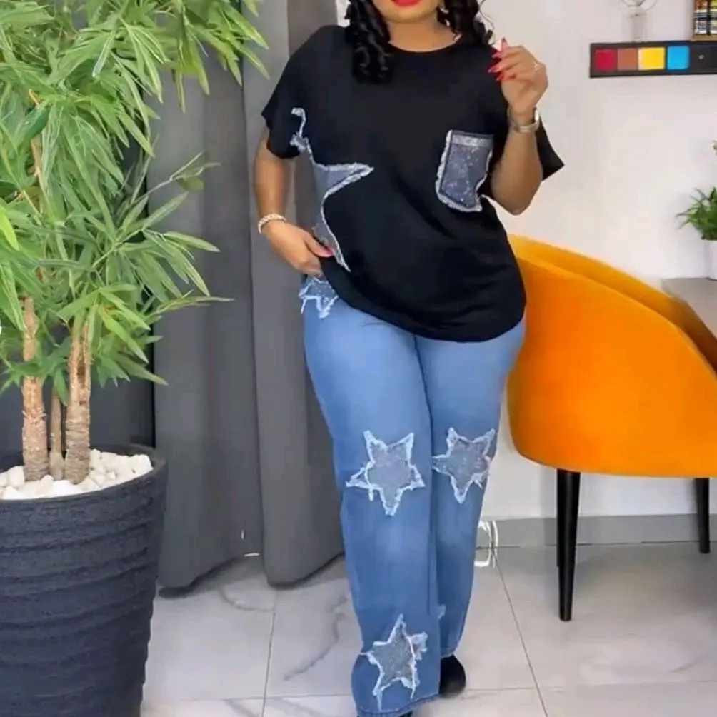 Women's Two-Piece Set - Black Star Print T-Shirt & Blue Distressed Jeans Outfit