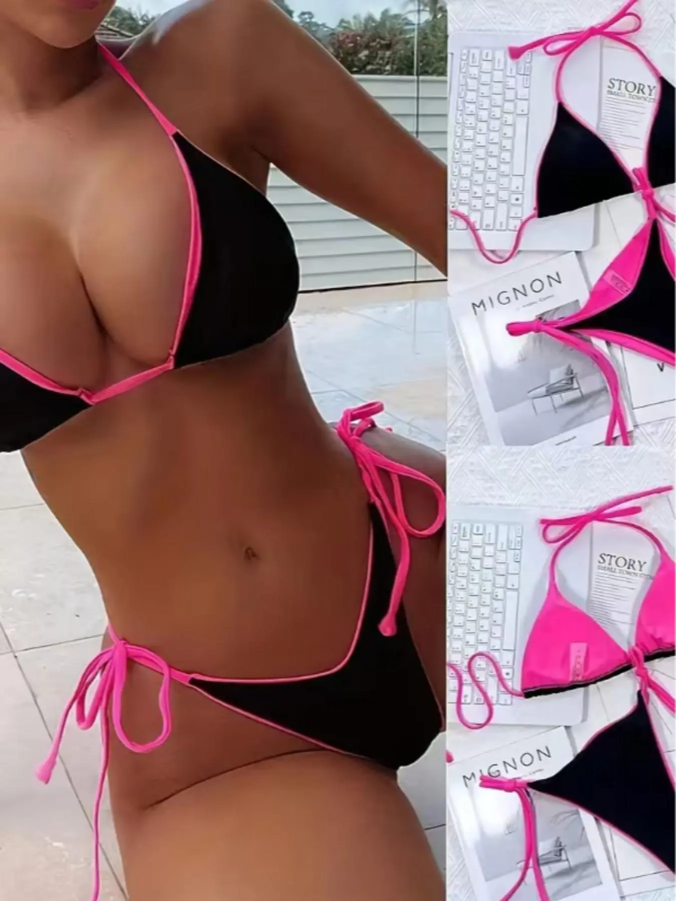 Two-Piece Set Women's Contrast Binding Tie Back Bikini Set, Casual Fashion Chic Stylish Bathing Suit Swimwear Set for Beach Holiday Vacation, Ladies Swimsuit for All Seasons, Bikini Swimsuit Outfit
