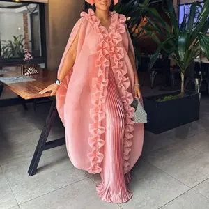 Elegant African Two Piece Set Ruffle Sleeveless Loose Kaftan Cape High Waist Wide Leg Pleated Pants Events Parties Occasion New