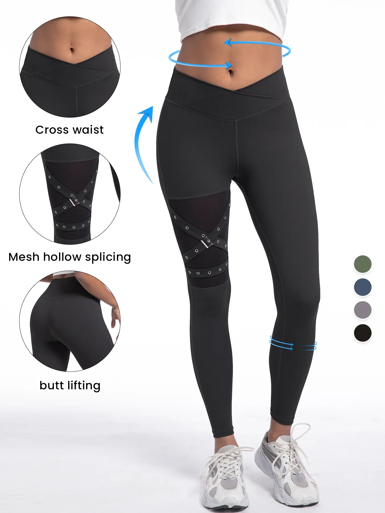 Sexy Cross-Waisted Yoga Leggings, Fashion Mesh Patchwork Design, Comfortable Elastic Fabric, Suitable for Yoga & Fitness, Daily Wear
