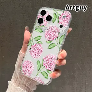 Blushing Hydrangea Dream TPU Pattern Phone Case for iPhone 17 15 16 14 Pro Max 13 12 11 Air XR XS E Plus Non-Yellowing Clear Crystal Drop-proof Protection Slim Silicone Cover