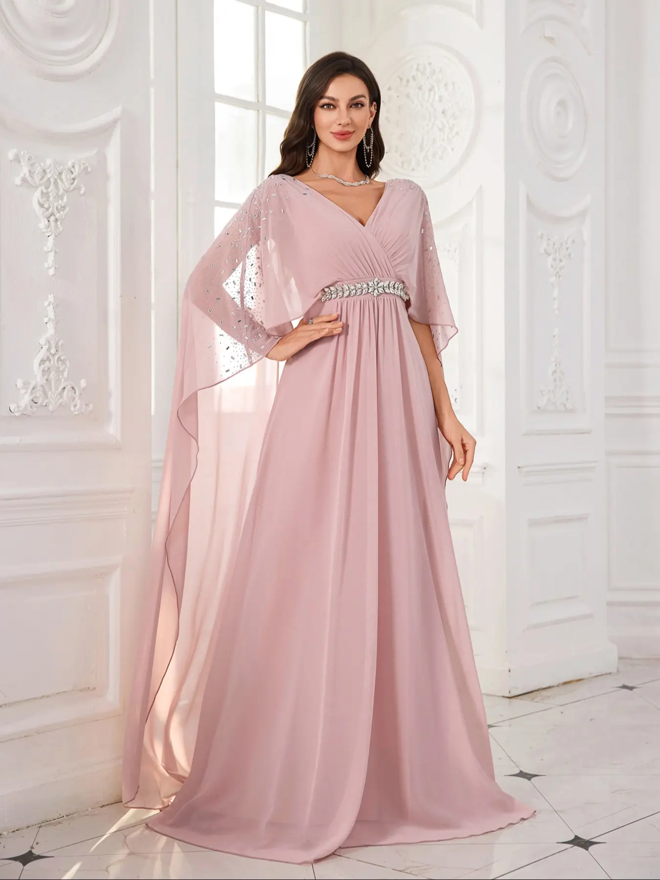 evening dress strip Long Sleeve Prom Dresses Deep V Neck A Line Pink Prom Dress PSK346 –  Pgmdress main image 1