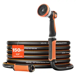 VEVOR Garden Hose, 150 ft 5/8" Heavy Duty Rubber Water Hose with 10 Mode Nozzle, 150PSI Working & 600PSI Burst, Flexible & Non-kink Outdoor Waterhose with 3/4" Fitting, Lightweight Hoses for Gardening