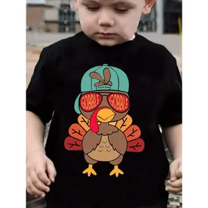 Chicfull Boys' Turkey Print T-Shirt - Cute Turkey with Glasses & "Gobble Till You Wobble" Slogan, Thanksgiving ' Outfit, Short Sleeve Round Neck Casual Top for &, Machine Washable Holiday Party, Happy Easter Shirts For Boys, Thanksgiving Shirts For Boys