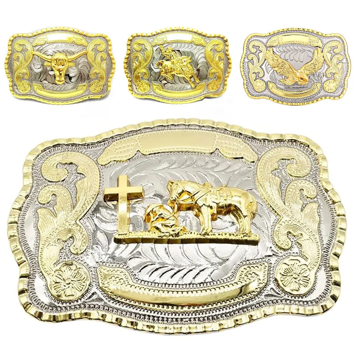 Religious Faith Belt Buckle for Motorcycle Riders - Large Gold-Tone Cross Motif Shaped Buckle, Praying Cowboy Design, Mexican Eagle, Rodeo Flair, Unisex