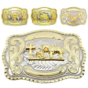 Western-style belt buckle, with a large gold-tone finish and a praying cowboy design, is perfect for both men and women and showcases a Mexican eagle and rodeo flair.