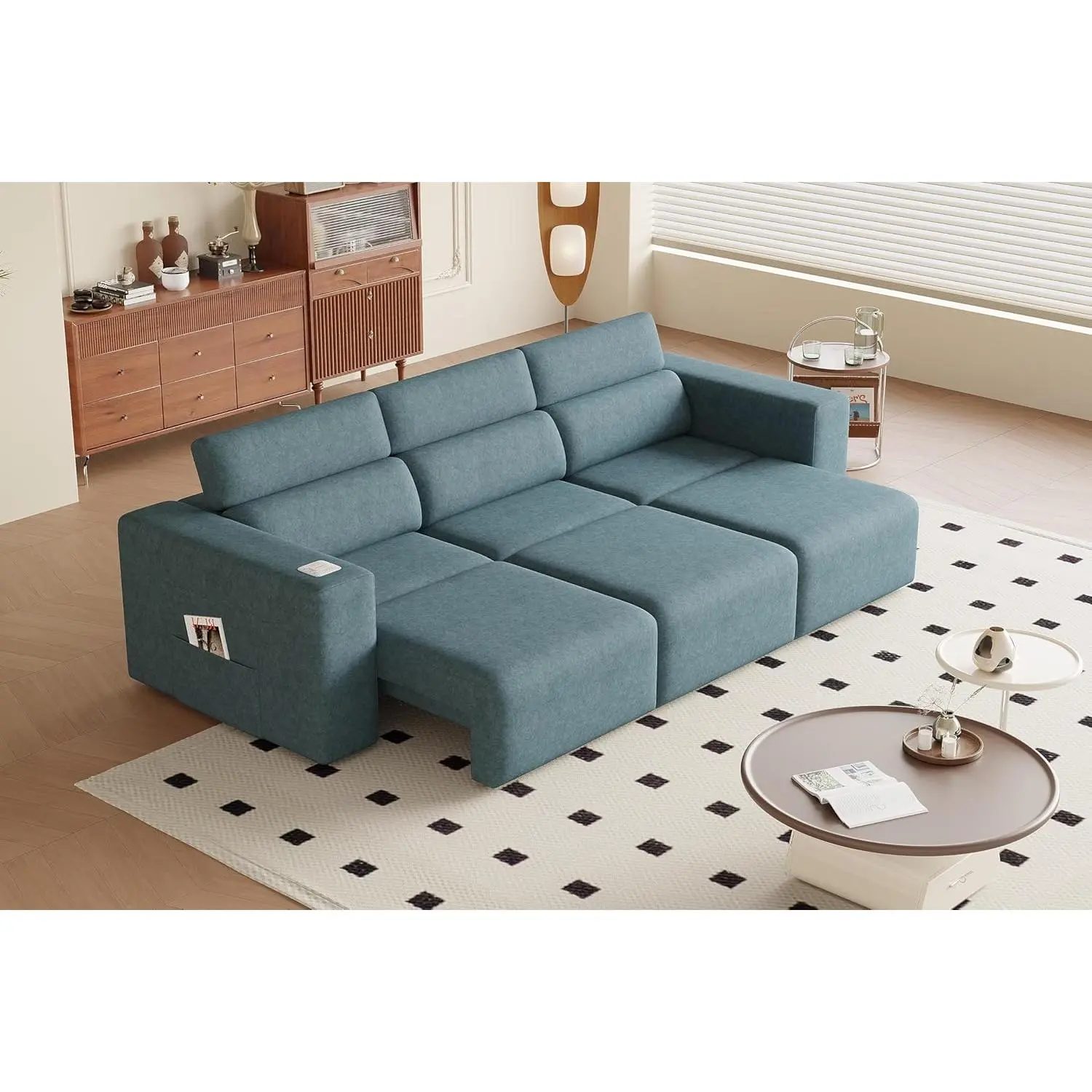 3-Seat Modular Power Reclining Sofa Addition - Sturdy Wood Frame Durable Electric Indoor Living Room Couch with Fixed Arms, Bluetooth Stereo, Wireless Charging, Side Pocket, Classic Blue Home Theater Seating, Assembly Required (Reclining Feature, Seats 3)