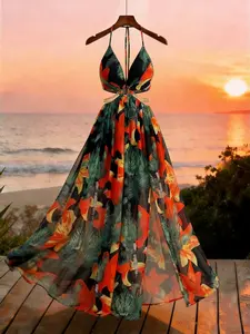 Tropical floral cutout slit cami maxi dress.Vibes of tropical resort, Bohemian & hot girl style, super eye-catching.Perfect for the beach, travel shoots, music festivals and parties.