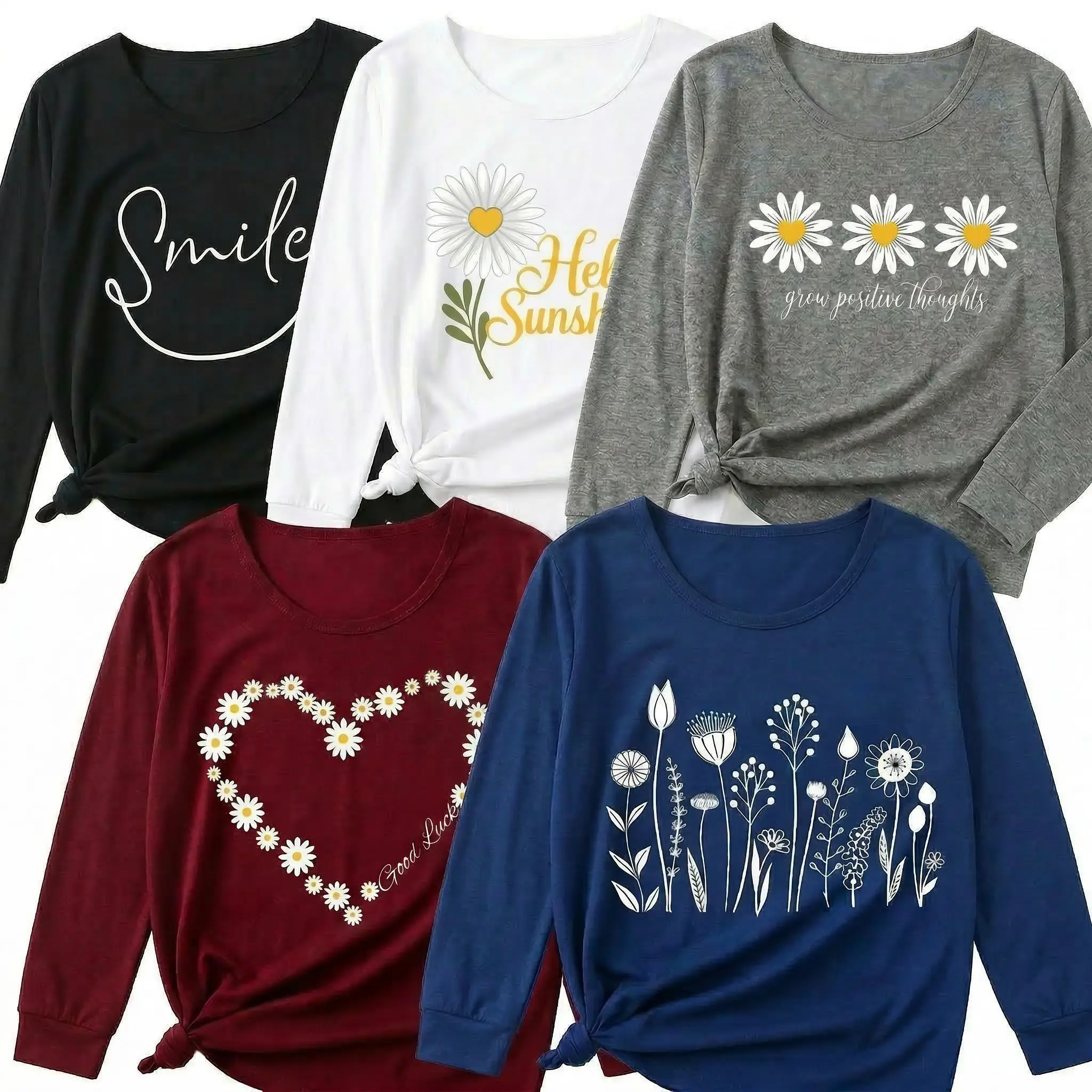 Women's 5-Pack Casual Round Neck Short Sleeve T-Shirts - Daisy Flower Patches, Cute Casual Chic, Inspirational Graphics, Butter-Soft Relaxed Fit, 100% Polyester, Breathable, Everyday Gifts for Women