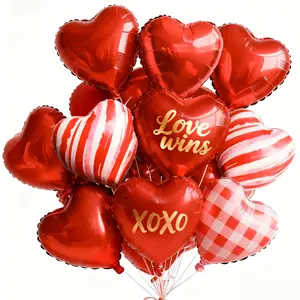 PartyWoo Valentine's Heart Balloons Red Heart Foil 15pcs 18 Inch Checkered Custom Red Heart Shaped Balloons for Valentine's Day Wedding Anniversary Engagement Bridal Shower Proposal Party Decorations