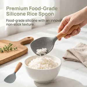 Silicone Spoon with Wooden Handle, 1 PCS Heat-Insulation & Heat-Resistant Multifunctional Spatula Spoon for Rice Cooker, Practical Kitchen Tool for Home & Restaurant, Kitchen Cooking Accessories, Wooden Cooking Tools, Kitchen Utensils-YY0
