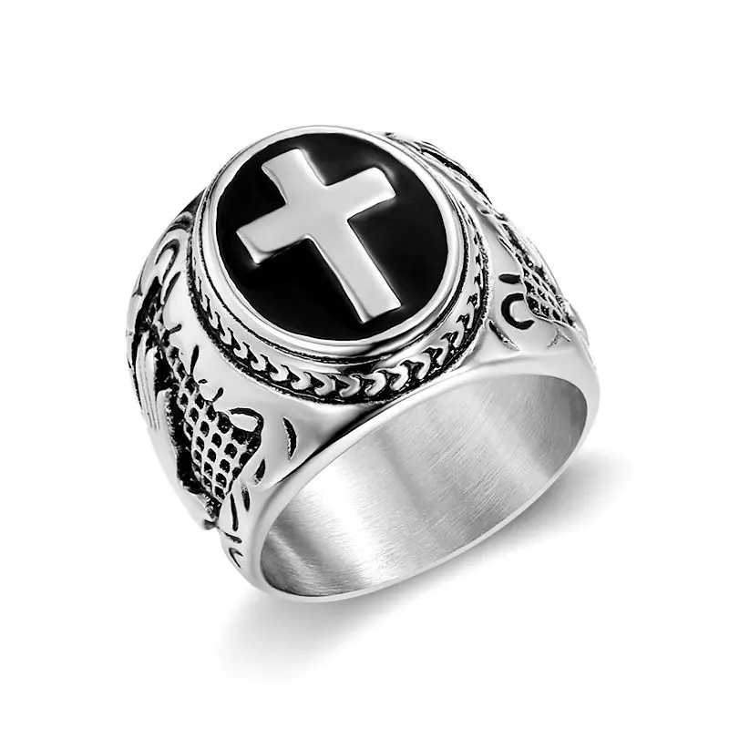 Titanium Alloy Silver men's ring with cross and Jesus Devotional Jewelry Faith Faithful Religious Hypoallergenic